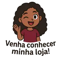 a cartoon of a girl waving with the words venha conhecer minha loja below her