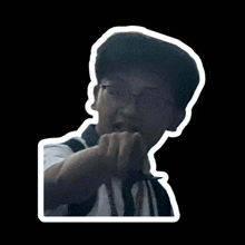 a sticker of a man with glasses pointing at something