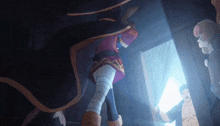 a cartoon character is standing in a dark room holding a sword