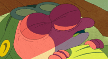 a close up of a cartoon character 's face with the letter o in the corner