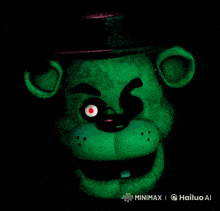 a green teddy bear wearing a top hat and covering his nose with his hand