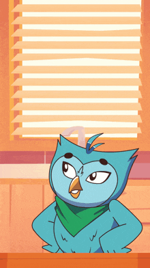 a blue bird with a green scarf around its neck