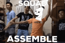 a group of young men are dancing in a room with the words squad assemble on the bottom
