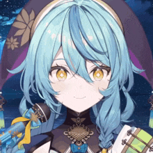 a close up of a person 's face with blue hair and yellow eyes .