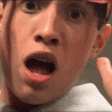 a close up of a man 's face with a surprised look on his face .