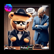 a teddy bear in a suit is smoking a cigar while a man in a suit looks on