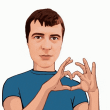a man in a blue shirt makes a heart shape with his hands