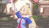 a girl in a blue dress and white gloves stands in front of a house with the hashtag evermorelive