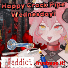 a happy crack pipe wednesday greeting card with a girl smoking a pipe
