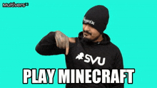 a man with a beard wearing a svu hoodie