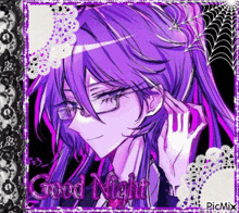 a purple anime character with glasses and a spider web on the background says good night .