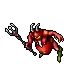 a pixel art illustration of a devil with horns holding a spear .