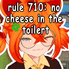a picture of a girl with glasses and the words rule 710 no cheese in the toilett