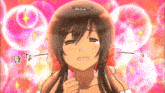 a girl with a red bow in her hair is smiling with the words wow written above her