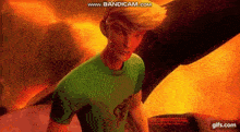 a cartoon character is standing in front of a fire .