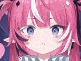 a close up of a girl with pink hair and blue eyes making a sad face