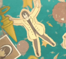 a cartoon of a man in a yellow coat floating in the air with his arms outstretched .