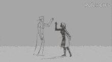a black and white drawing of a man and woman giving each other a high five .