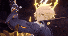 a cartoon character with yellow eyes is holding a sword in his hand