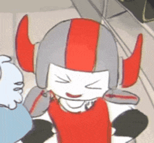 a cartoon character wearing a red and gray helmet with horns