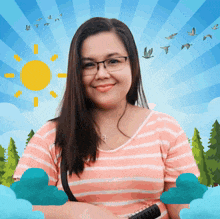 a woman wearing glasses is smiling in front of a sun and trees