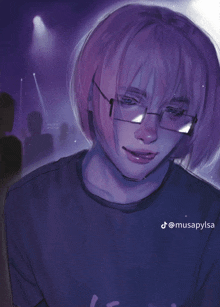 a drawing of a girl wearing glasses and a purple shirt