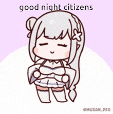 a cartoon drawing of a girl with a flower on her head and the words good night citizens above her