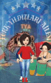a girl in a red shirt stands in front of a sign that says ' turkiyildizlari tya '