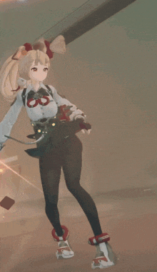 a girl in a green skirt is holding a gun with the letter d on it