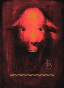 a painting of a sheep with its mouth open and the letter b on the bottom right