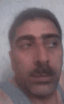 a close up of a man 's face with a mustache and glasses .