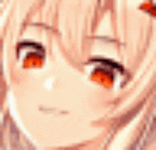 a close up of a anime girl 's face with red eyes and a butterfly in her hair .