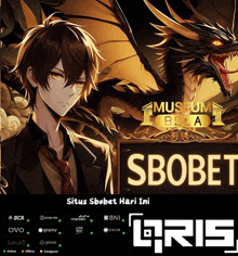 an advertisement for sbobet shows a man in a suit and tie with a dragon in the background