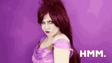 a woman with red hair is wearing a purple dress and a wig .