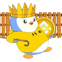 a penguin wearing a yellow hoodie and a crown holds a coin with the letter h on it