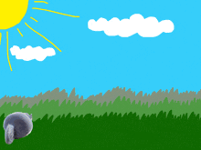 a drawing of a chinchilla in a grassy field with a sun and clouds in the background