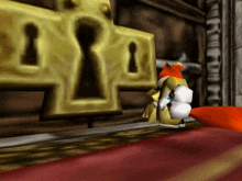 a cartoon fox is standing in front of a large keyhole