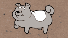 a cartoon drawing of a dog wearing a diaper on a brown surface .