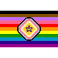 a pixel art of a rainbow flag with a flower in the center