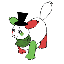 a cartoon drawing of a white animal wearing a top hat and scarf