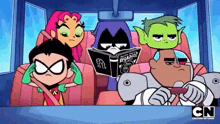 a group of cartoon characters are sitting in a car reading a book titled pegasus