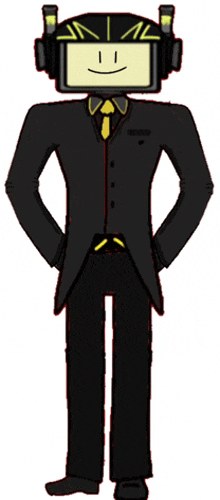 a cartoon character wearing a suit and headphones with a yellow face on his head