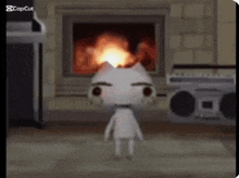 a cartoon cat is standing in front of a fireplace with a capcut logo on the bottom right