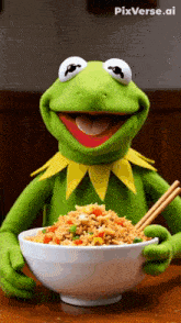 kermit the frog holding a bowl of rice and chopsticks