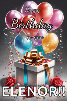 a birthday card for elenor with balloons and a gift box
