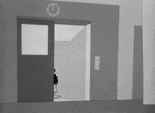 a black and white cartoon of a duck looking out of an elevator with a clock above it