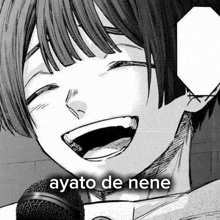 a black and white drawing of a person laughing with a microphone in front of them .