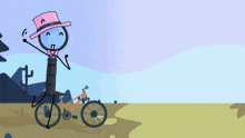a stick figure with a top hat and bow tie is riding a bike