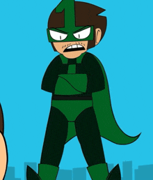 a cartoon character in a green superhero costume with a number 1 on his head