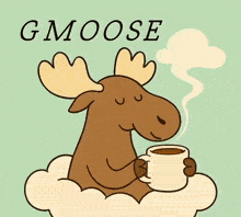 a cartoon moose holding a cup of coffee with the word gmoose below it